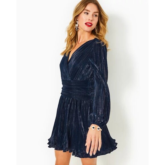 NWT Lilly Pulitzer Dress Jessanne Long Sleeve Size 10 Navy Gold V Neck - Picture 3 of 3